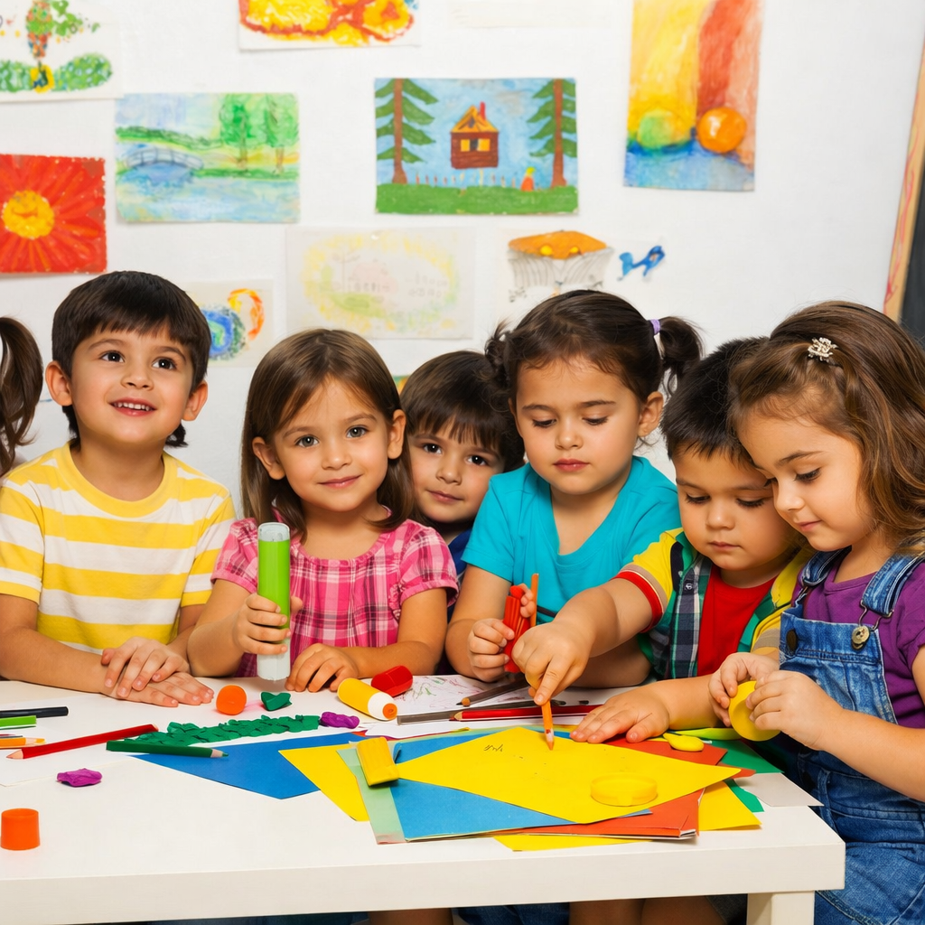 Indian school kids engaged in creative art activities inside a bright classroom.