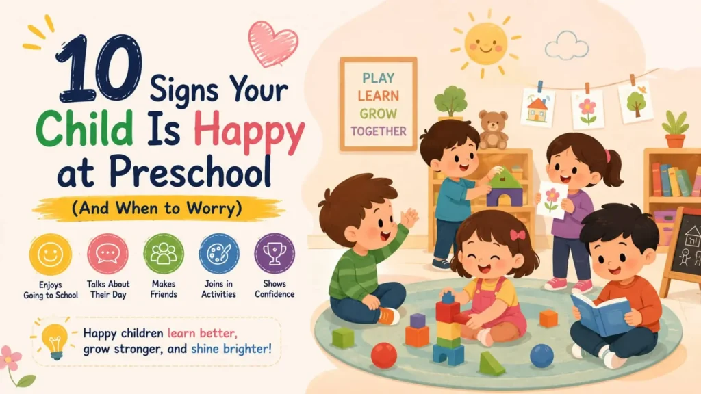 Illustration showing 10 signs your child is happy at preschool, including enjoying school, making friends, joining activities, and showing confidence.