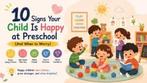 Illustration showing 10 signs your child is happy at preschool, including enjoying school, making friends, joining activities, and showing confidence.