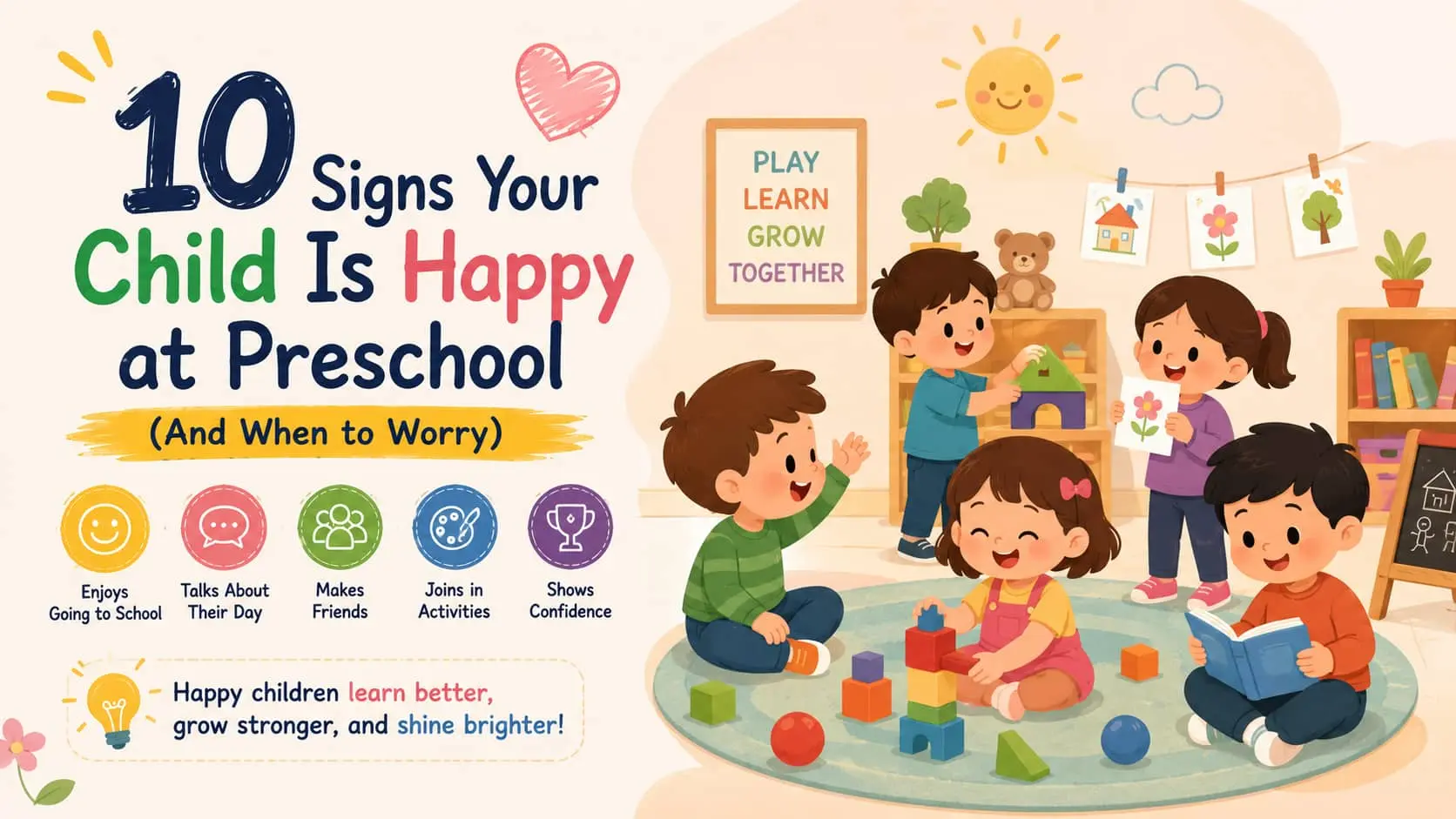 Illustration showing 10 signs your child is happy at preschool, including enjoying school, making friends, joining activities, and showing confidence.