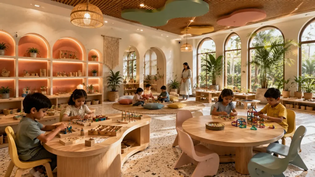 Indian children participating in hands-on Montessori and Reggio Emilia learning activities in a modern preschool classroom.