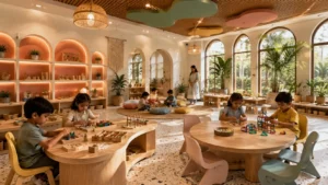 Indian children participating in hands-on Montessori and Reggio Emilia learning activities in a modern preschool classroom.