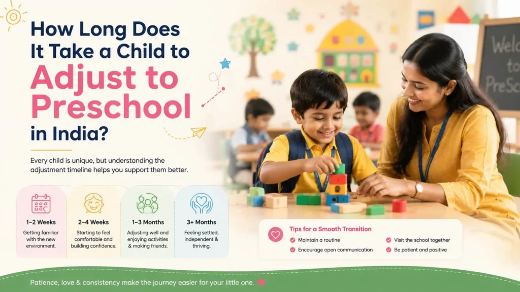 Teacher helping a young child adjust to preschool in an Indian classroom while playing with educational blocks, illustrating the preschool transition period.