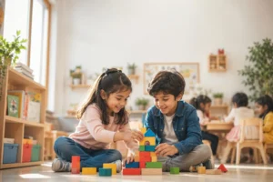 Two preschool children building colorful blocks together to develop essential skills before age 6 in an early childhood classroom.