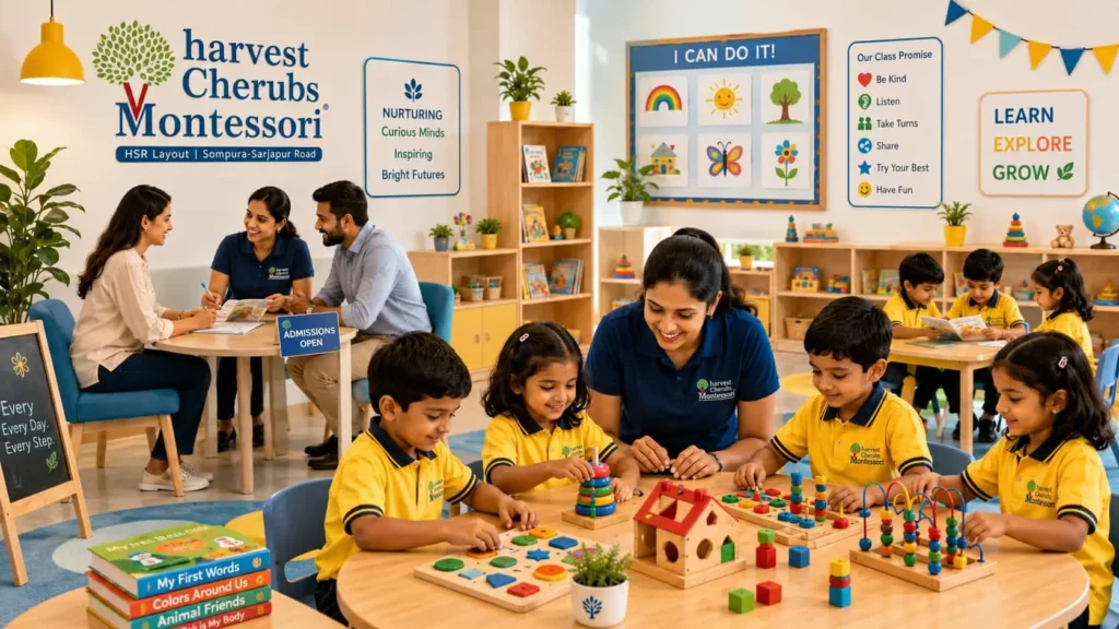 Harvest Cherubs Montessori preschool classroom in Bangalore with children in yellow uniforms learning with teachers and parents discussing preschool admission.