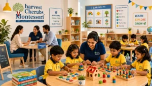Harvest Cherubs Montessori preschool classroom in Bangalore with children in yellow uniforms learning with teachers and parents discussing preschool admission.