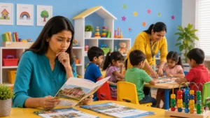 Parent evaluating a preschool while children learn with a teacher in a bright classroom, representing common mistakes parents make when choosing a preschool.