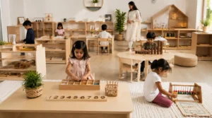 Children learning independently in a safe Montessori preschool classroom with a teacher supervising child-friendly activities.