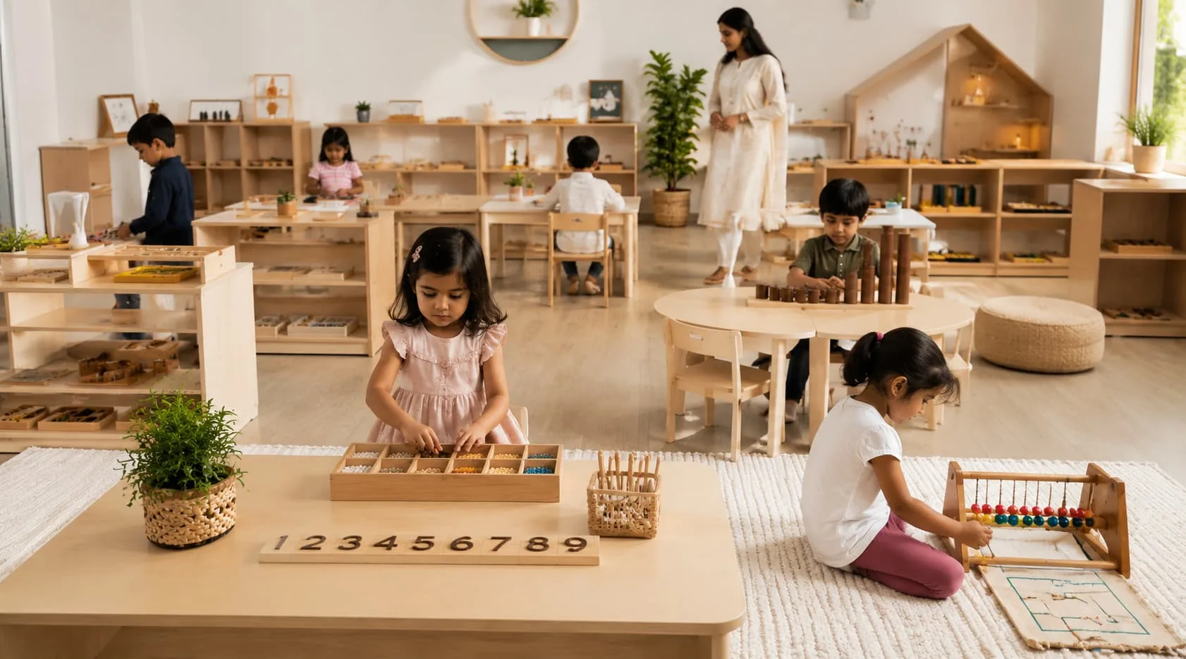 Children learning independently in a safe Montessori preschool classroom with a teacher supervising child-friendly activities.