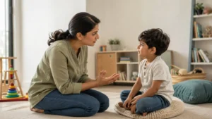 Parent talking to child about feelings and building emotional intelligence