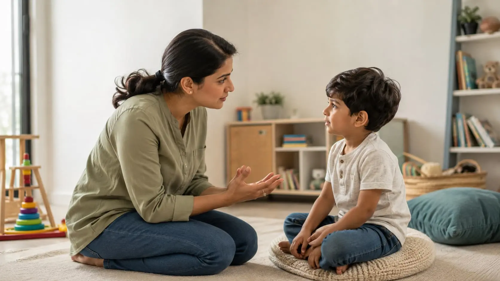 Parent talking to child about feelings and building emotional intelligence