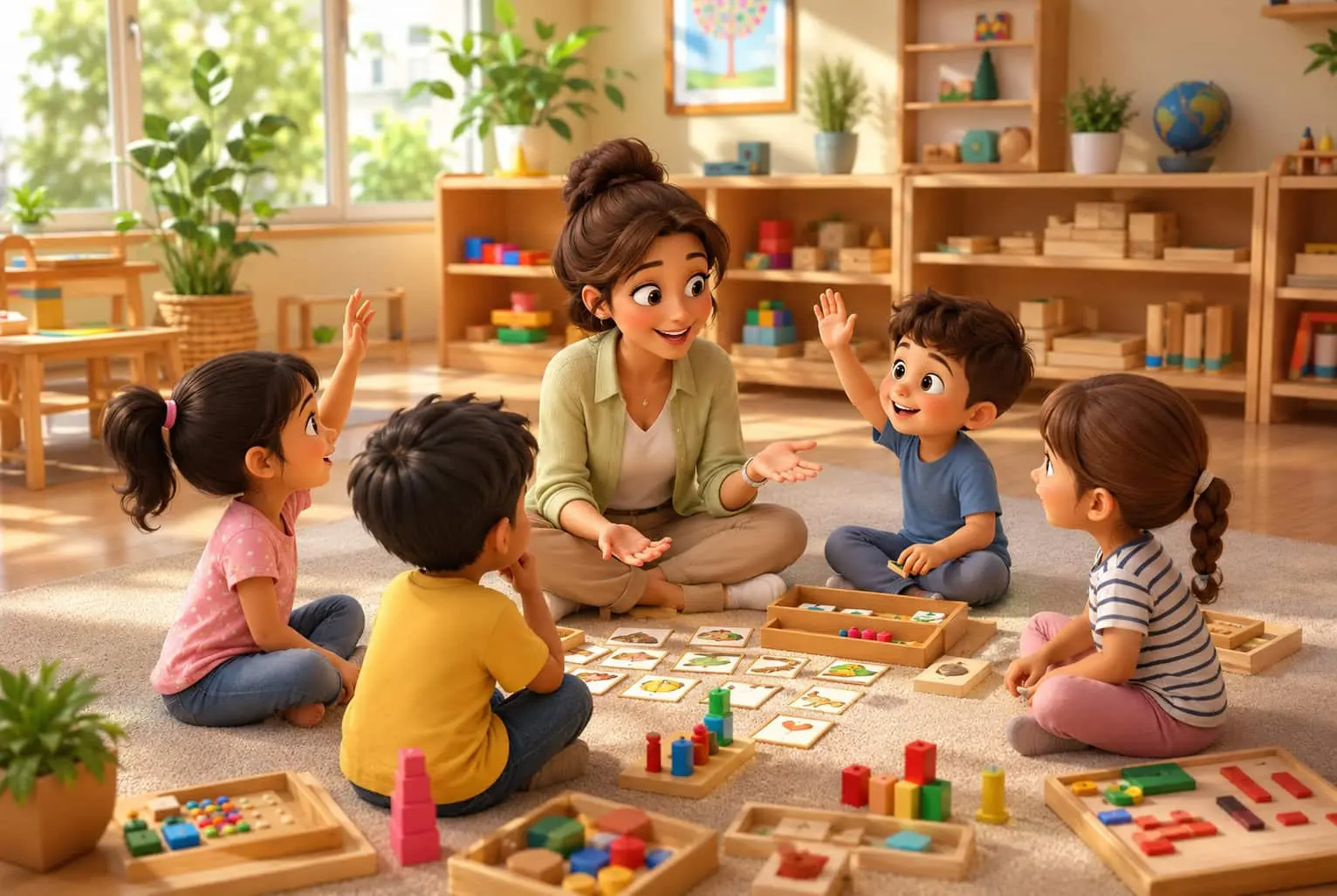 Montessori teacher helping preschool children improve communication skills through interactive learning activities in a Montessori classroom.