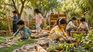 Children engaging in outdoor play and nature-based activities in a Montessori environment