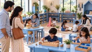 Bright Montessori preschool classroom in India with blue furniture, children learning with Montessori materials, teachers guiding activities, indoor plants, and natural daylight