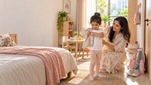 Parent helping preschool child get ready for school during a calm morning routine