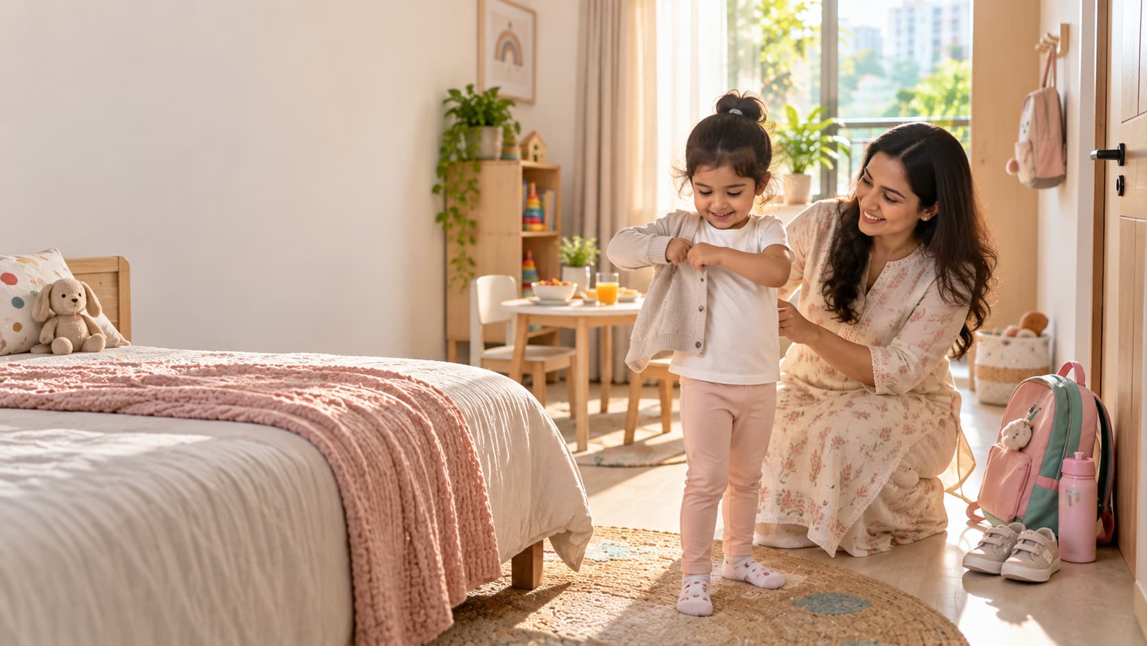 Parent helping preschool child get ready for school during a calm morning routine