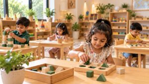 Preschool children practising hand-eye coordination through Montessori learning activities