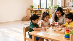 Children participating in memory activities in a preschool classroom