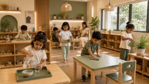 Modern Montessori classroom with children practicing practical life activities using child-sized furniture and natural learning materials