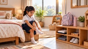 Preschooler getting dressed as part of a morning routine before school