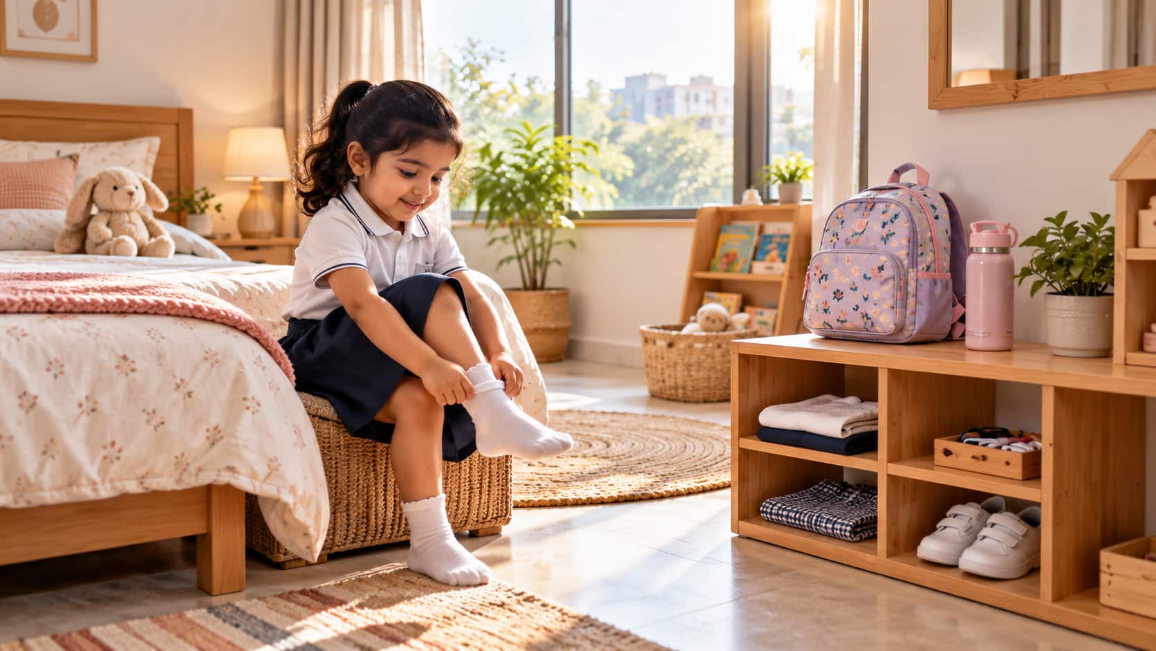 Preschooler getting dressed as part of a morning routine before school