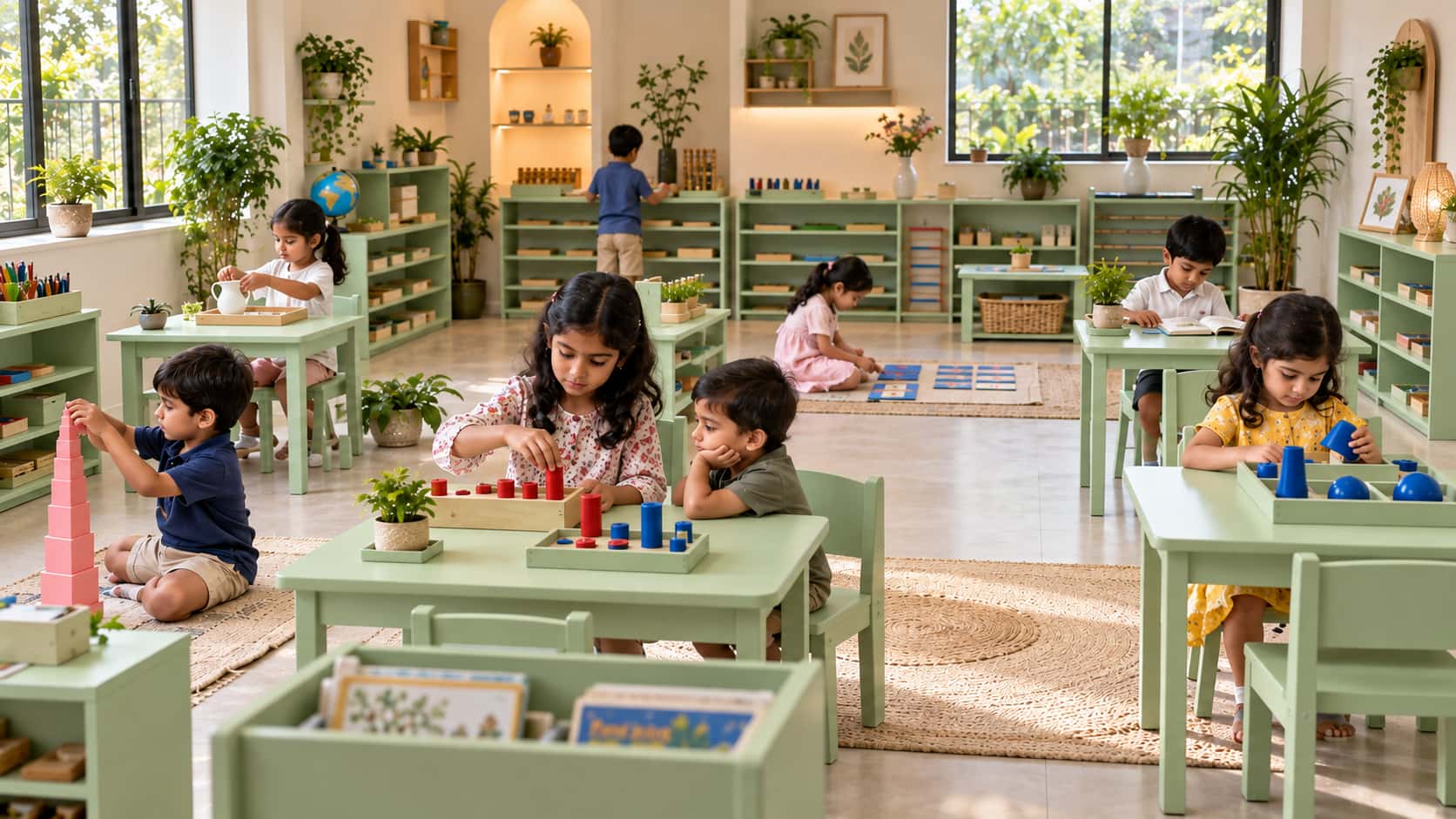 Bright Montessori mixed-age classroom with pastel green tables and shelves, natural wooden furniture, children learning with Montessori materials, indoor plants, and natural daylight