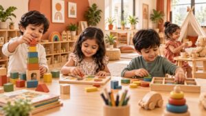 Preschool children learning through play in a warm terracotta and cream classroom