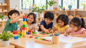 Preschool children participating in group learning activities through puzzles, blocks, and creative play