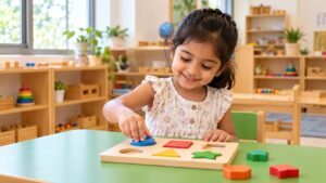 Preschool child learning with wooden puzzle activities