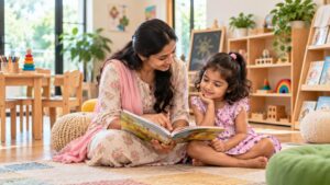 Preschool teacher reading with a child to develop listening skills and attention